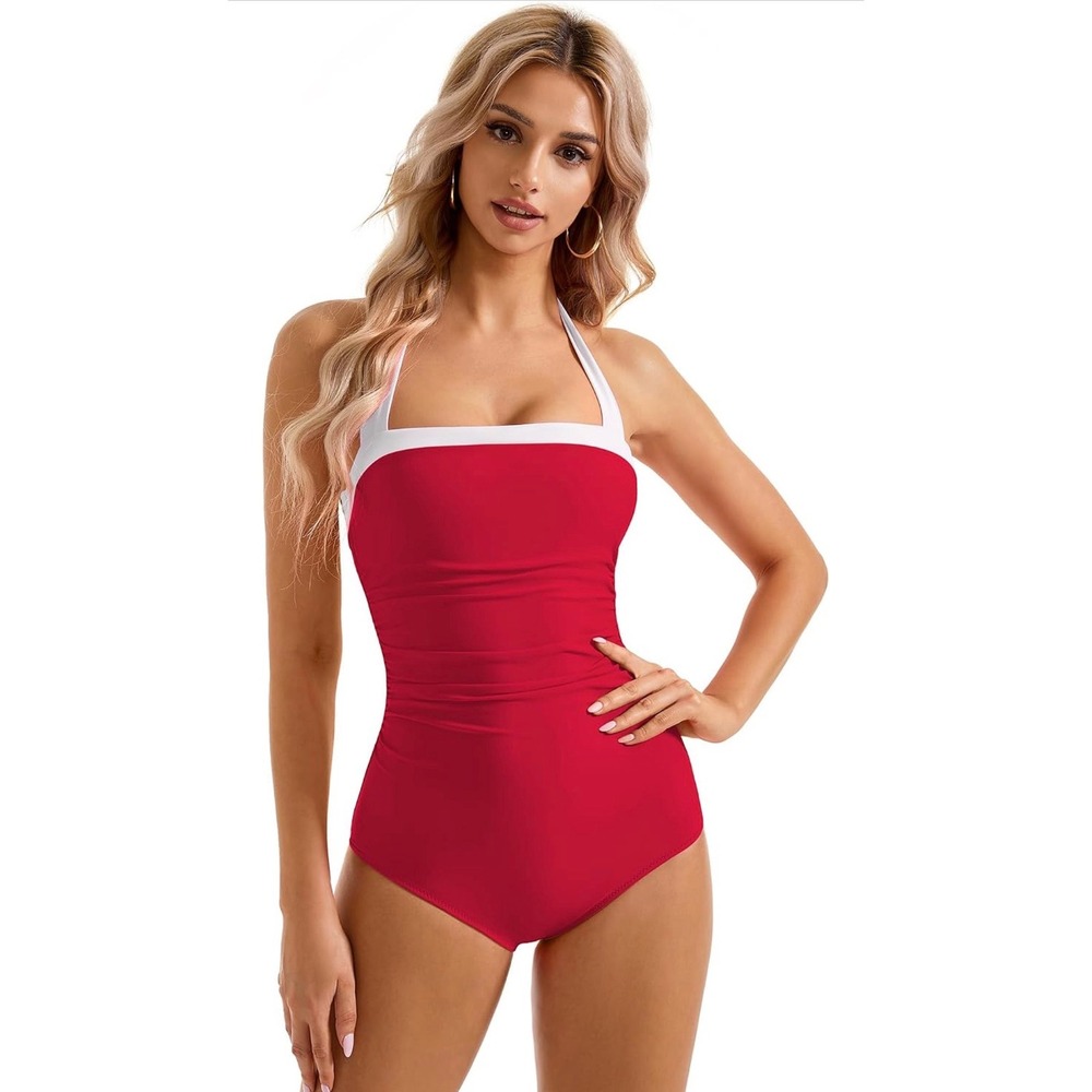 SUUKSESS One Piece Swimsuit Sz S Red NEW Retro Tummy Control Halter Bathing Suit